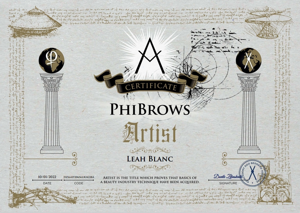 PhiBrows Certification for Leah Blanc DZ1642720656LB24228A